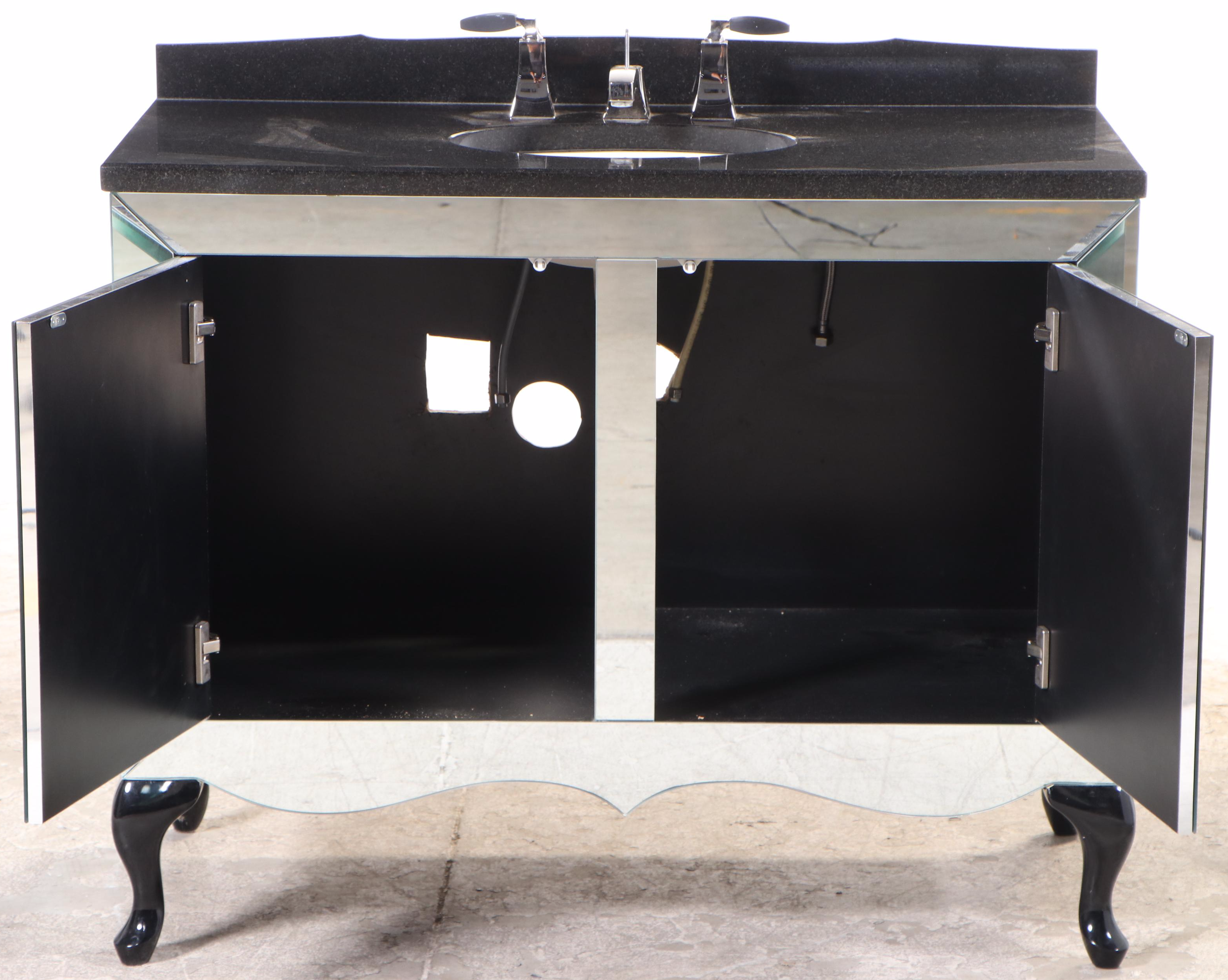 Beveled Mirrored Bathroom Vanity with Kallista Sink and Black Granite