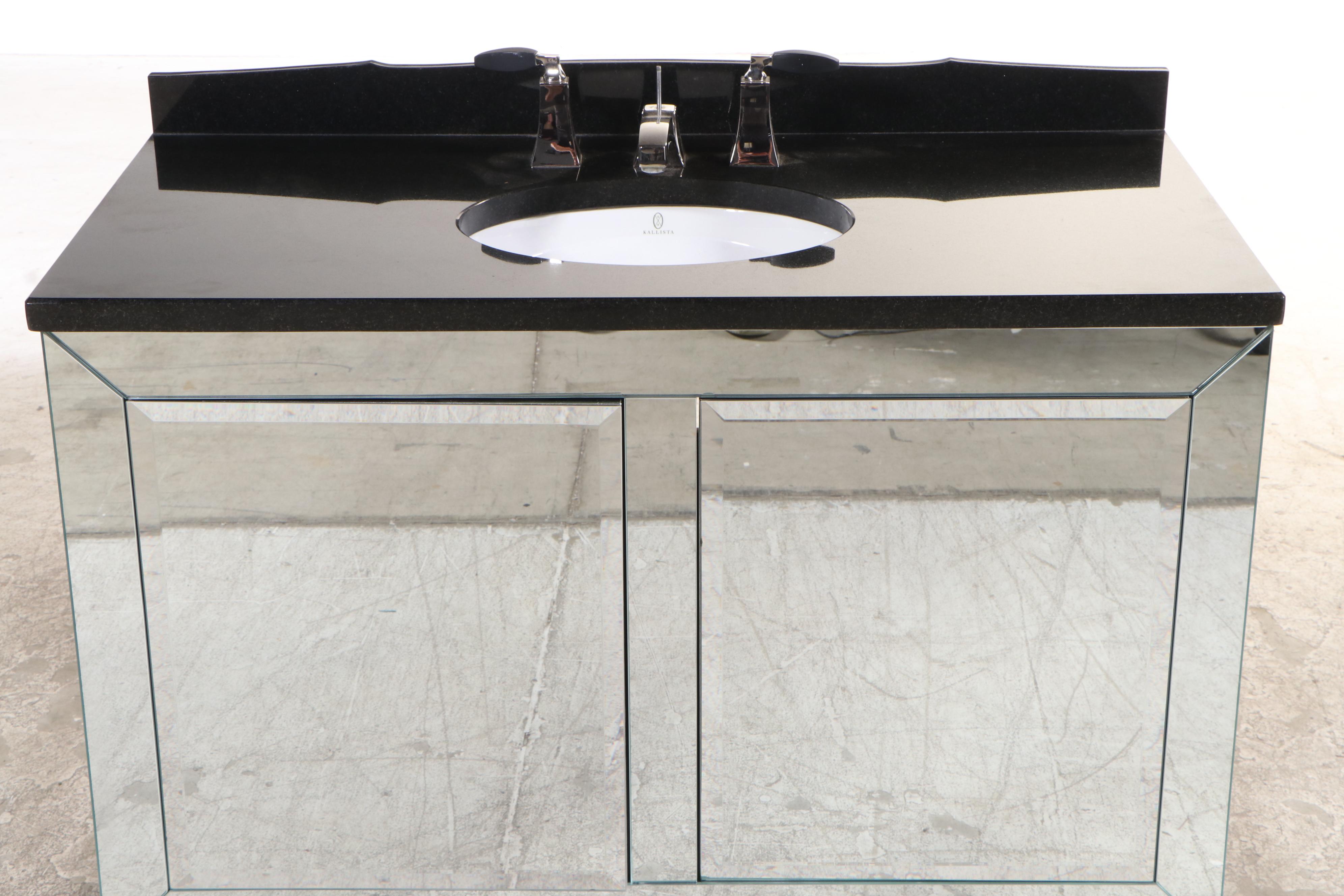 Beveled Mirrored Bathroom Vanity with Kallista Sink and Black Granite