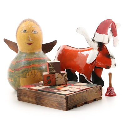 Folk Art Christmas Metal Reindeer, Papier-Mâché Angel, Bell and Blocks
