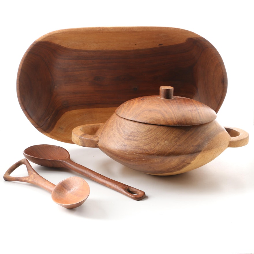 Hand-Carved Wooden Dough Bowl, Serving Bowl and Spoons