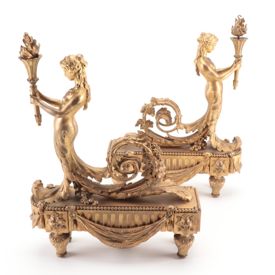 French Empire Style Gilt Bronze Chenets, 19th Century