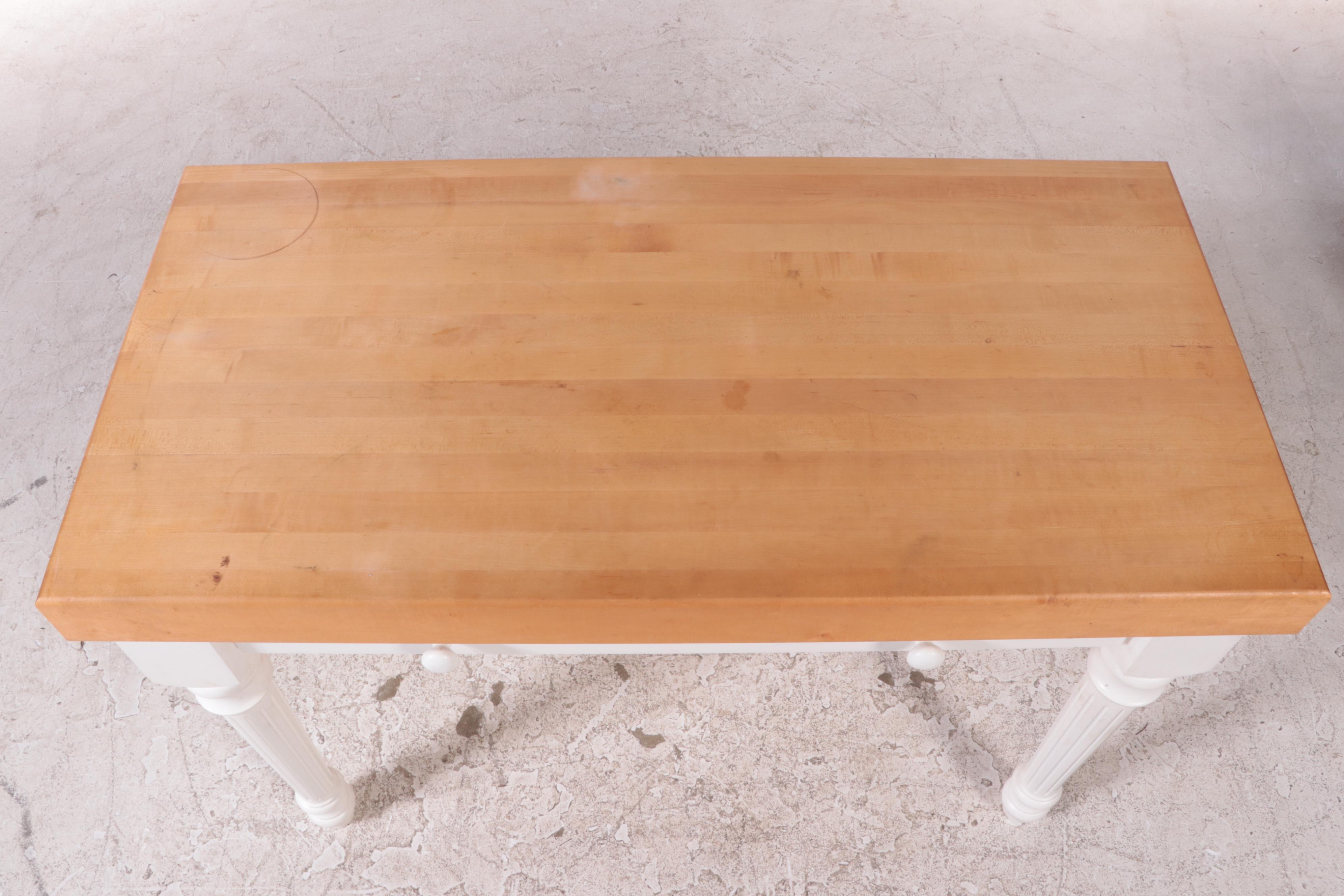 WhitePainted Kitchen Work Table with Maple Butcher Block Top, Late 20th Century EBTH
