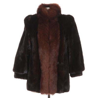 Mink Fur Jacket with Banded Cuffs and Fox Fur Tuxedo Collar