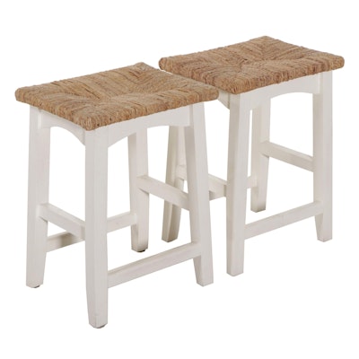 Pair of Contemporary Cream-Painted Counter Stools With Rush Seats