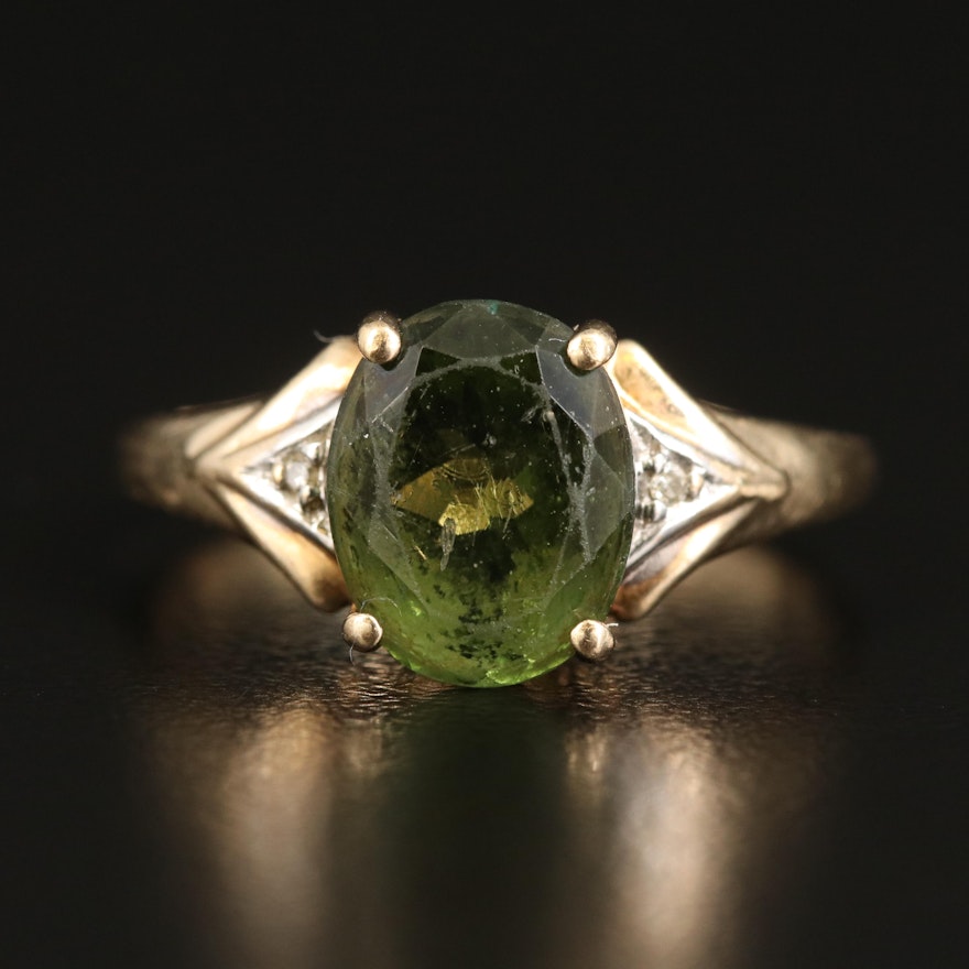 10K Moldavite and Diamond Ring