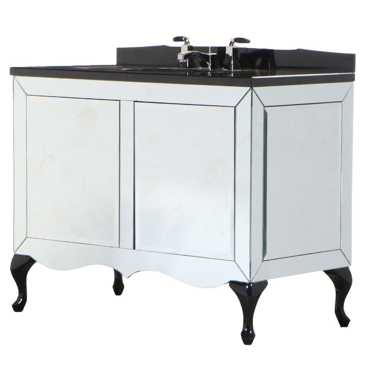 Beveled Mirrored Bathroom Vanity with Kallista Sink and Black Granite