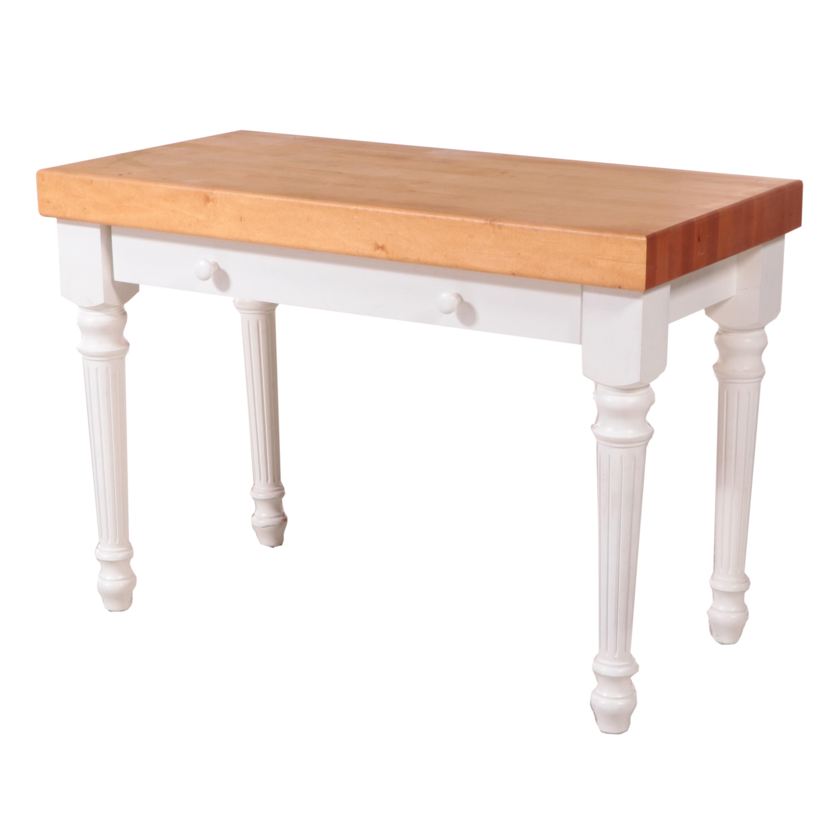 WhitePainted Kitchen Work Table with Maple Butcher Block Top, Late