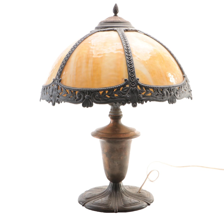 Neoclassical Style Cast Metal Table Lamp with Slag Glass Shade, Early/Mid-20th C