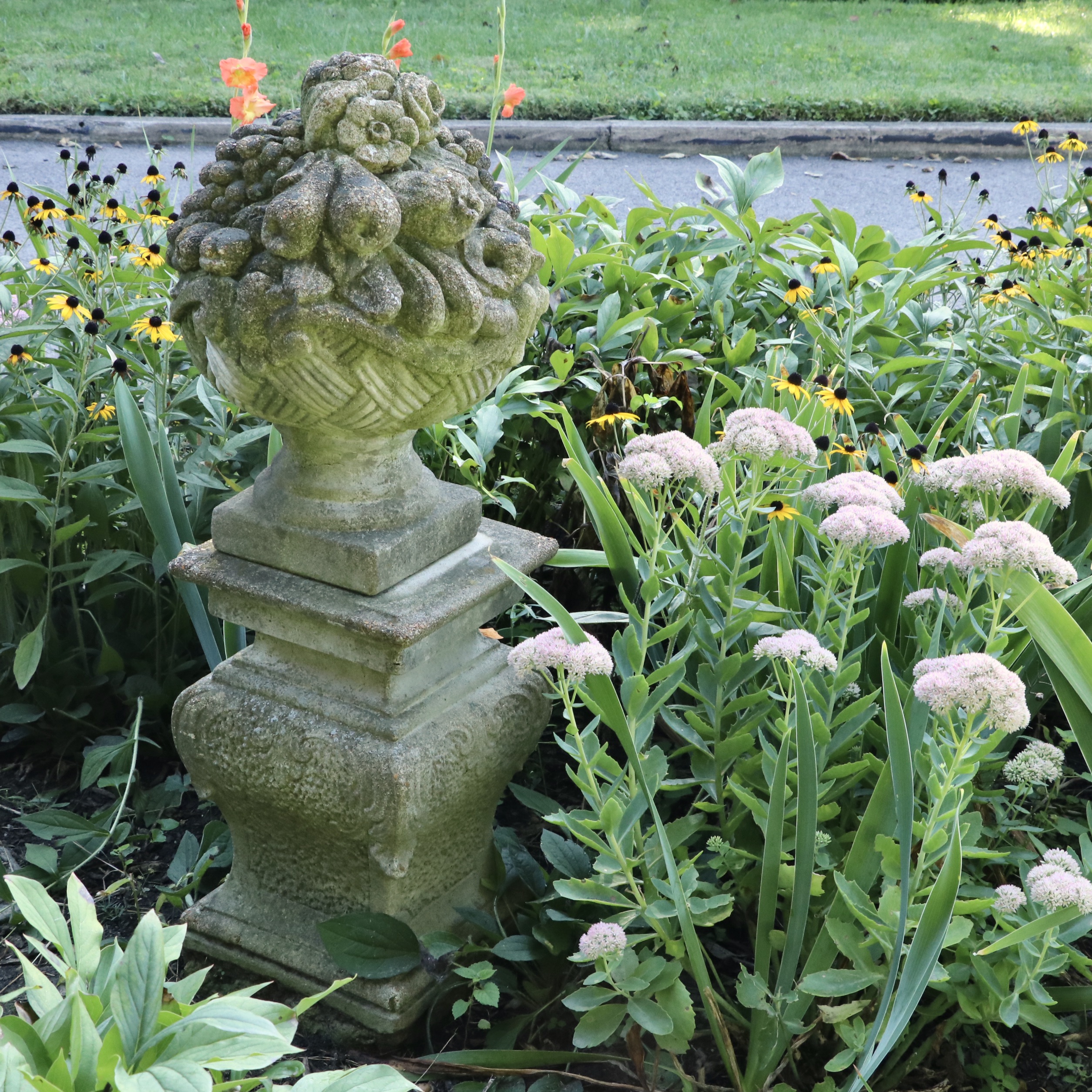 Cast Concrete Fruit Flower Basket Statuary and Concrete Plinth EBTH