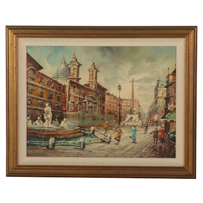 Cityscape Oil Painting of Piazza Navona in Rome, Late 20th Century