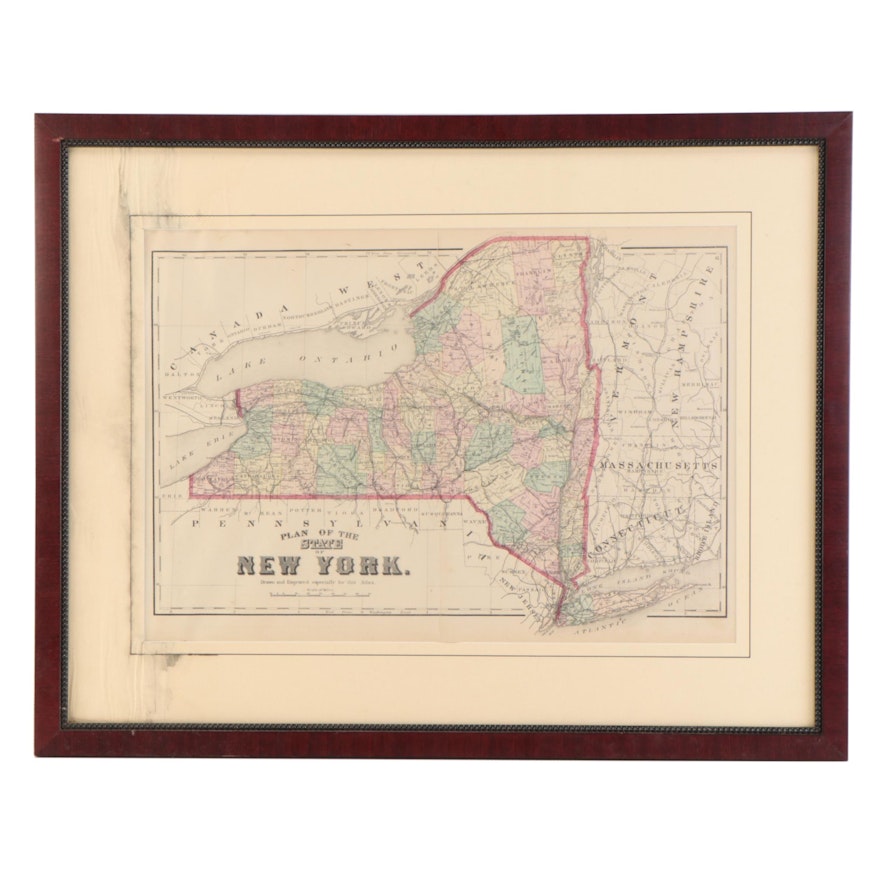 F. W. Beers Hand-Colored Map Engraving "Plan of the State of New York"