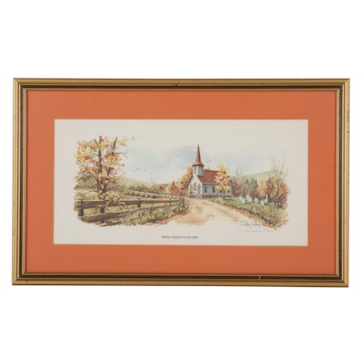 Ray Day Offset Lithograph "Rural Church In Autumn"