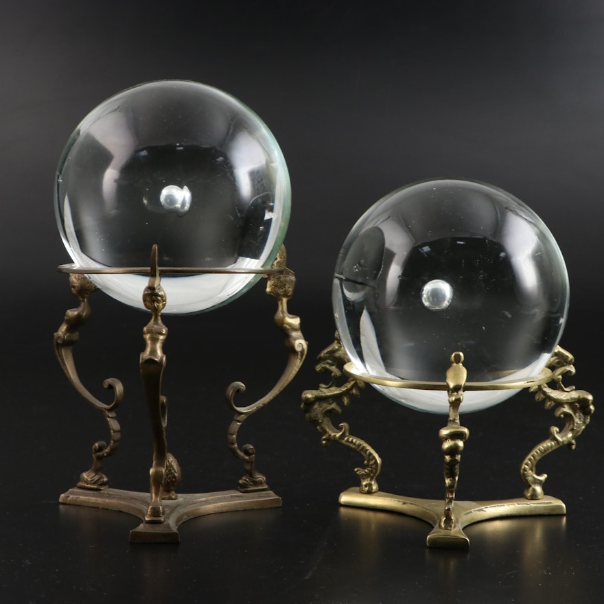 Clear Glass Orbs on Cast Brass Stands