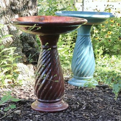 Pair of Glazed Pottery Red and Turquoise Bird Baths