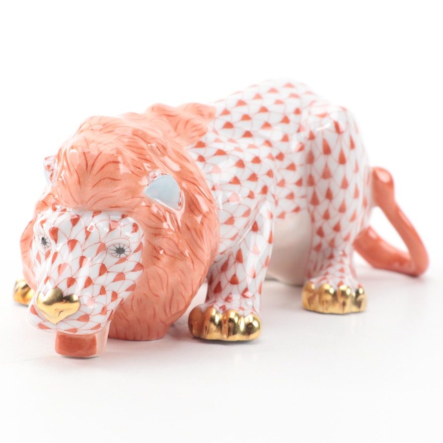 Herend Rust Fishnet with Gold "Lion" Porcelain Figurine, 2002