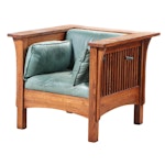 The Michaels Company Arts and Crafts Style Oak and Green Leather Armchair