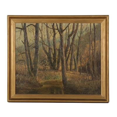 Oil Painting of Creekside Forest Landscape, 1940