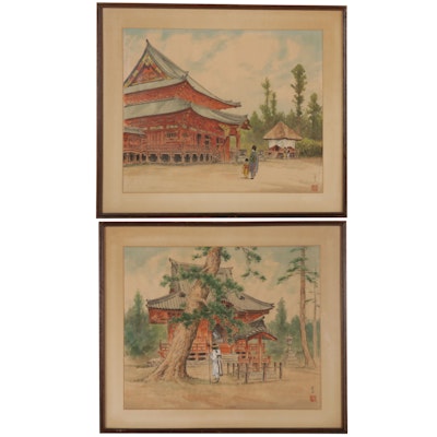 Japanese Watercolor and Gouache Paintings of Temples