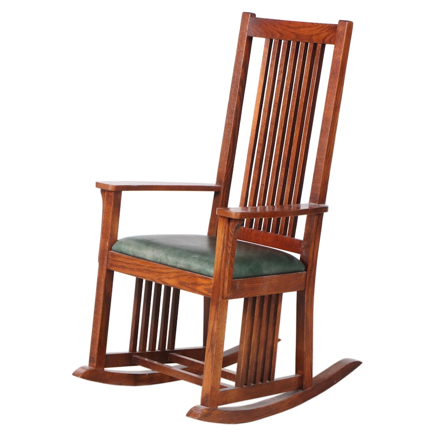 The Michaels Company Arts and Crafts Style Oak and Green Leather Rocker