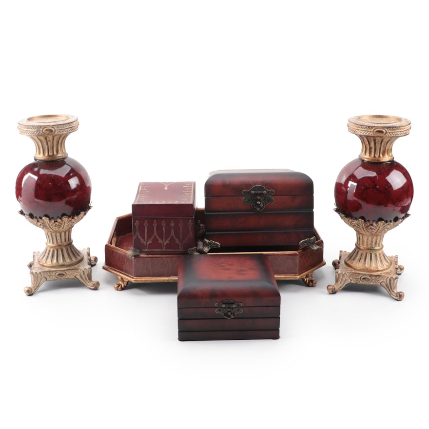 Claw Footed Tray with Red and Gold Tone Décor Collection