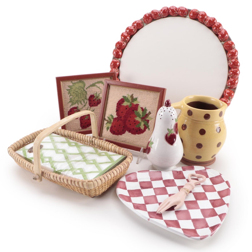 Ceramic Cake Plate and Other Strawberry Themed Ceramics with Other Tableware