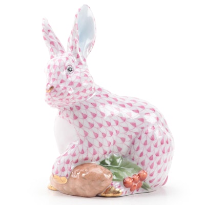 Herend Raspberry Fishnet with Gold "Winter Bunny" Porcelain Figurine