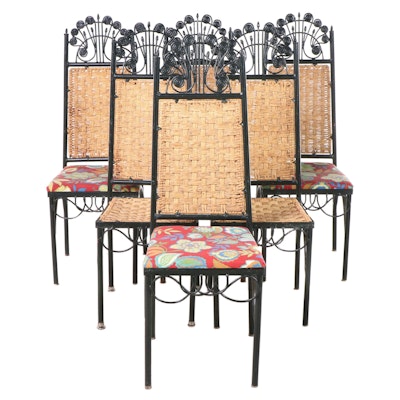 Six Wrought Iron Side Chairs with Woven Rattan and Fabric Seats
