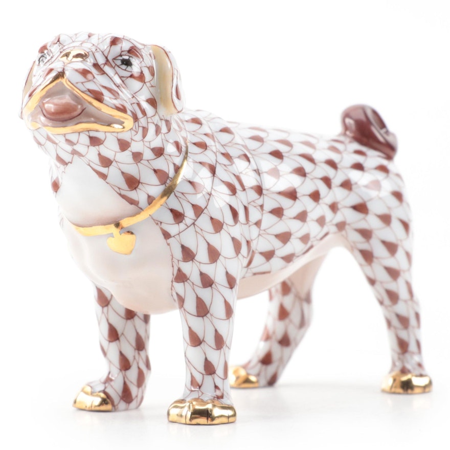 Herend Chocolate Fishnet with Gold "Pug Lola" Porcelain Figurine