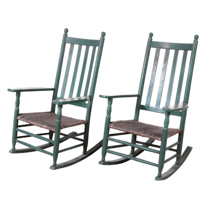 Two Rustic Green-Painted Slat-Back and Splint-Woven Rockers, 20th Century