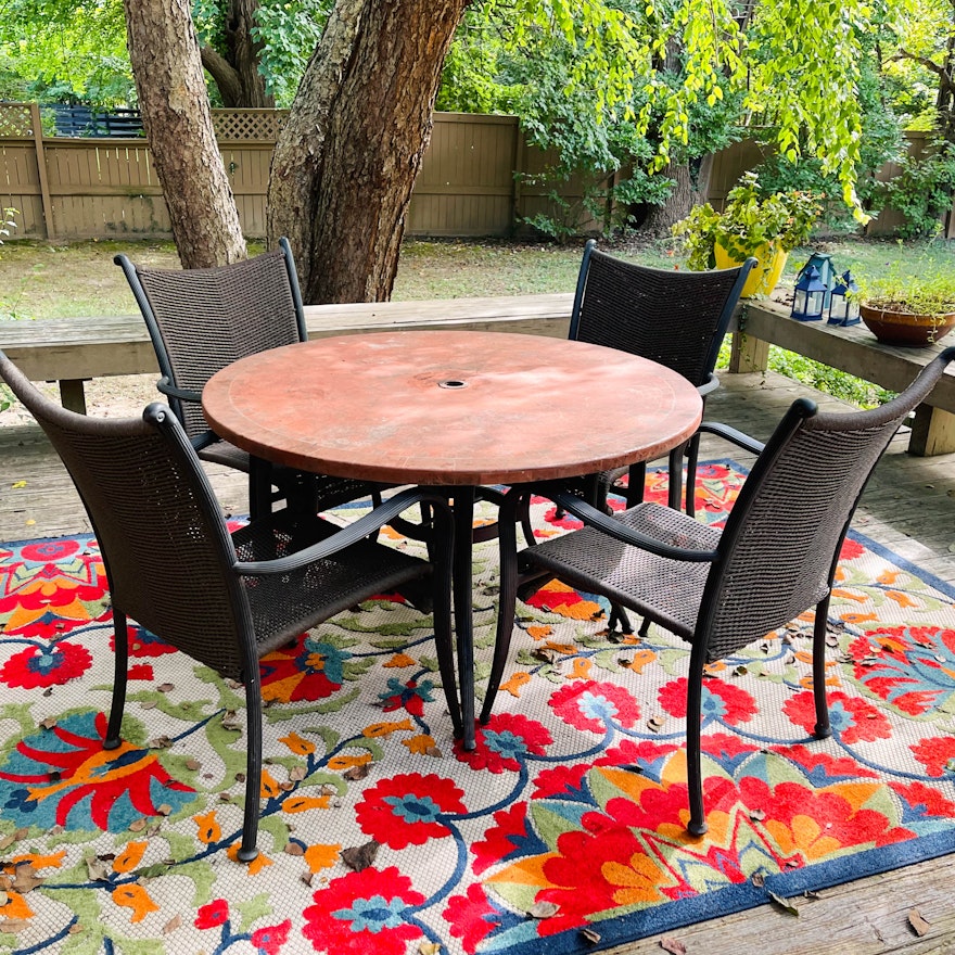 Red Earthenware Mosaic Table with Twine Upholstered Patio Chairs