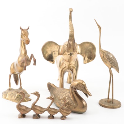 Lacquered Brass Elephant with Other Brass Animal Figurines, Late 20th Century