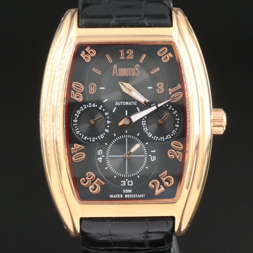 Arbutus Rose Gold-Tone Black Dial Stainless Steel Wristwatch