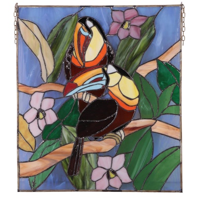 Toucans and Flowers Handcrafted Stained and Slag Glass Hanging Window Panel