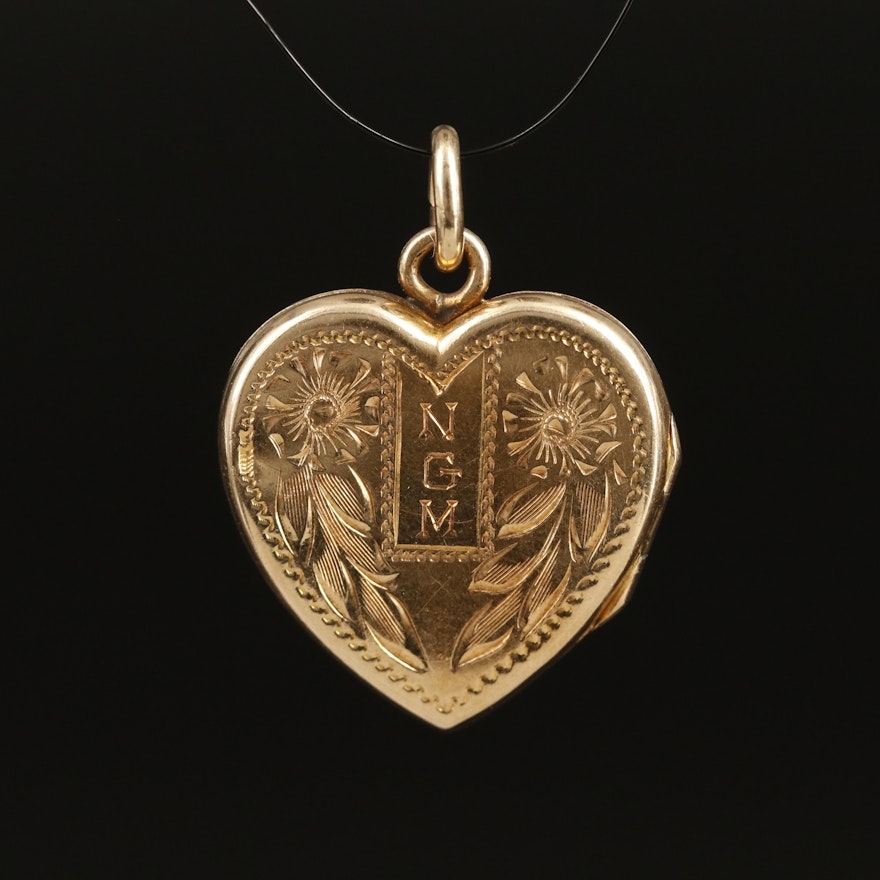 Antique 14K Engraved Floral Heart Locket