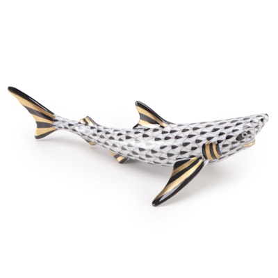 Herend Black Fishnet with Gold "Shark" Porcelain Figurine, 1996