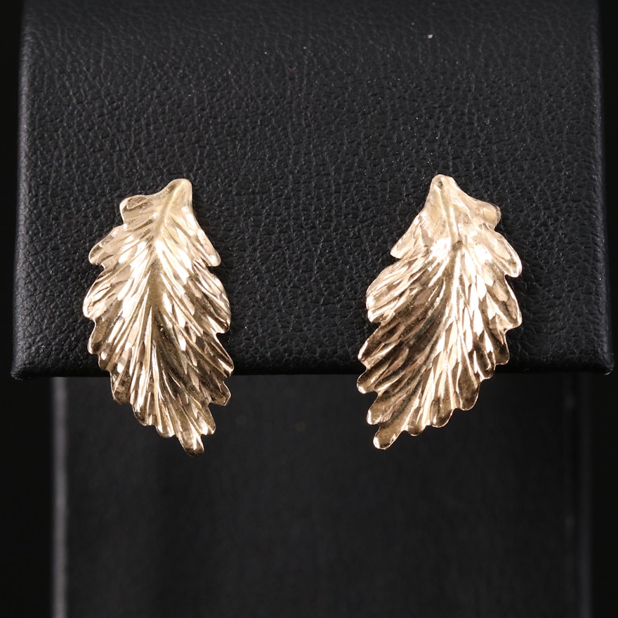 14K Feather Earrings with Diamond Cut Accents