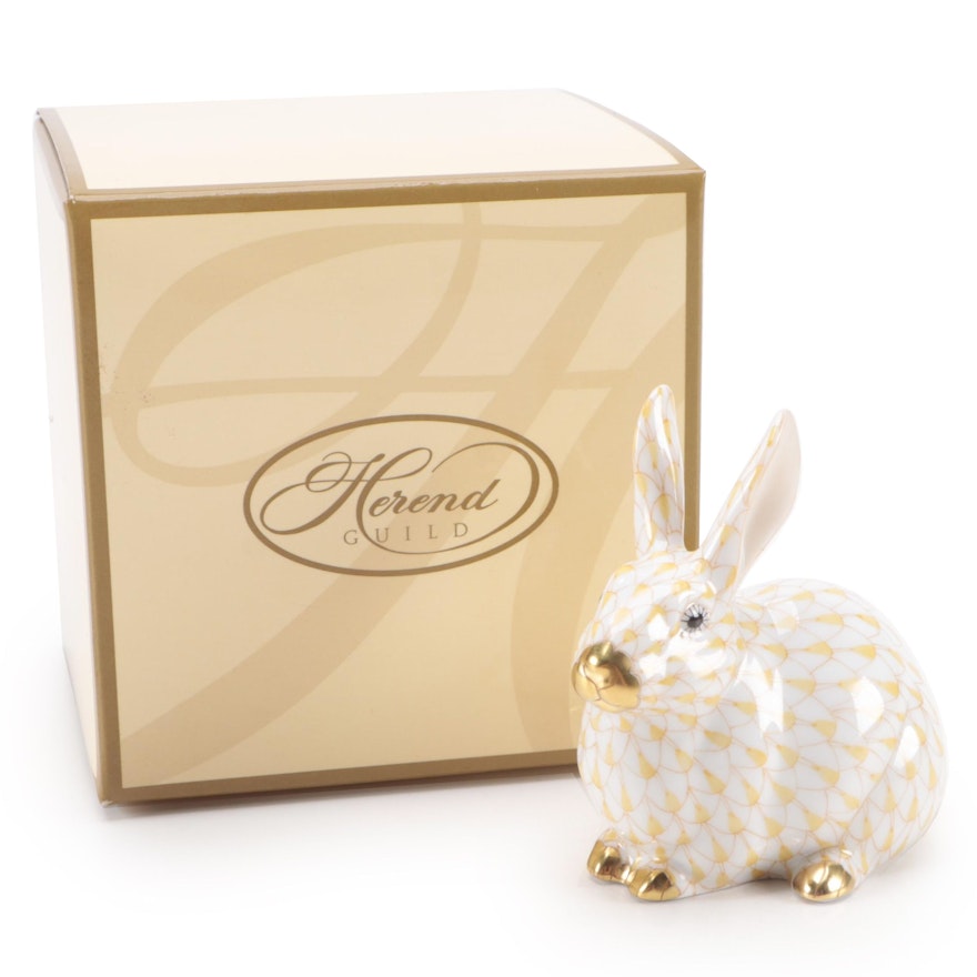 Herend Guild Butterscotch Fishnet with Gold "Chubby Bunny" Porcelain Figurine