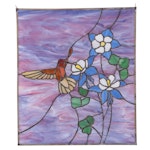 Rufous Hummingbird and Columbines Handcrafted Slag Glass Hanging Window Panel