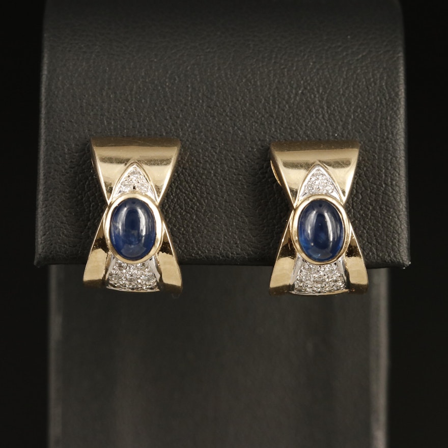14K Sapphire and Diamond Half Hoop Earrings with Pavé Accents