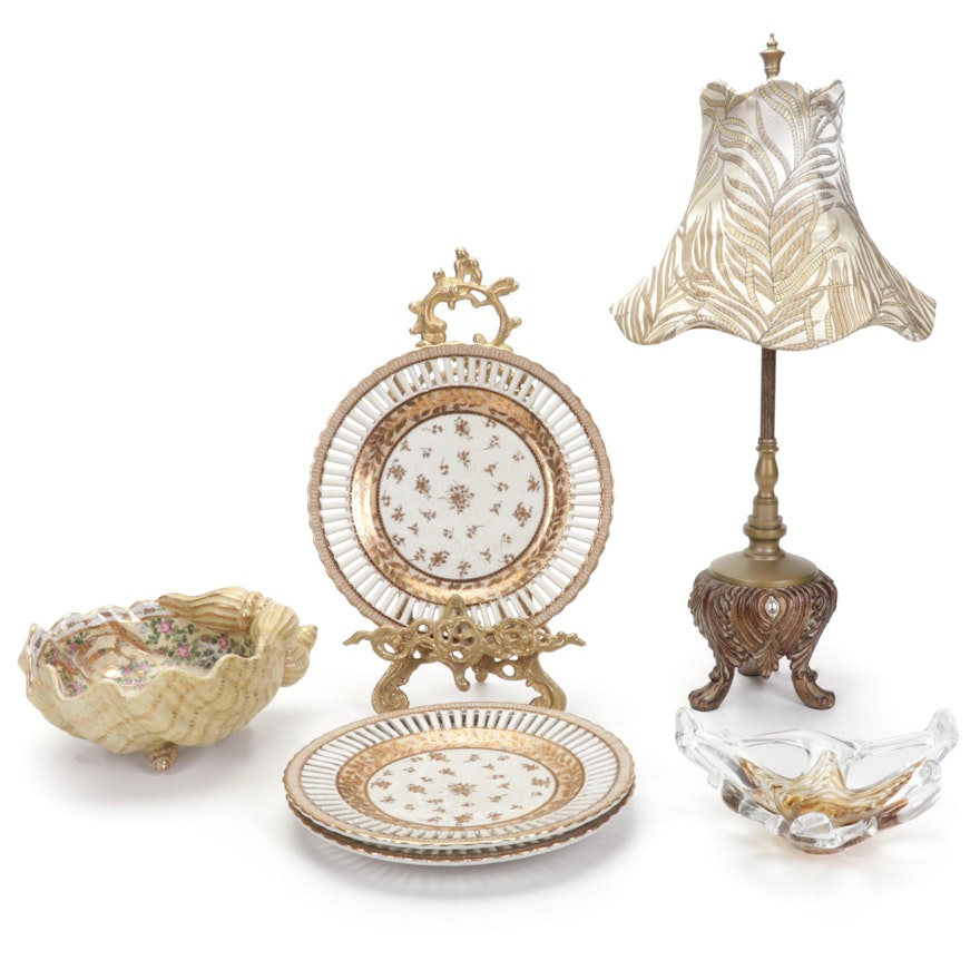 Decorative Gilt Rimmed Plates, Footed Bowl, Table Lamp, and More