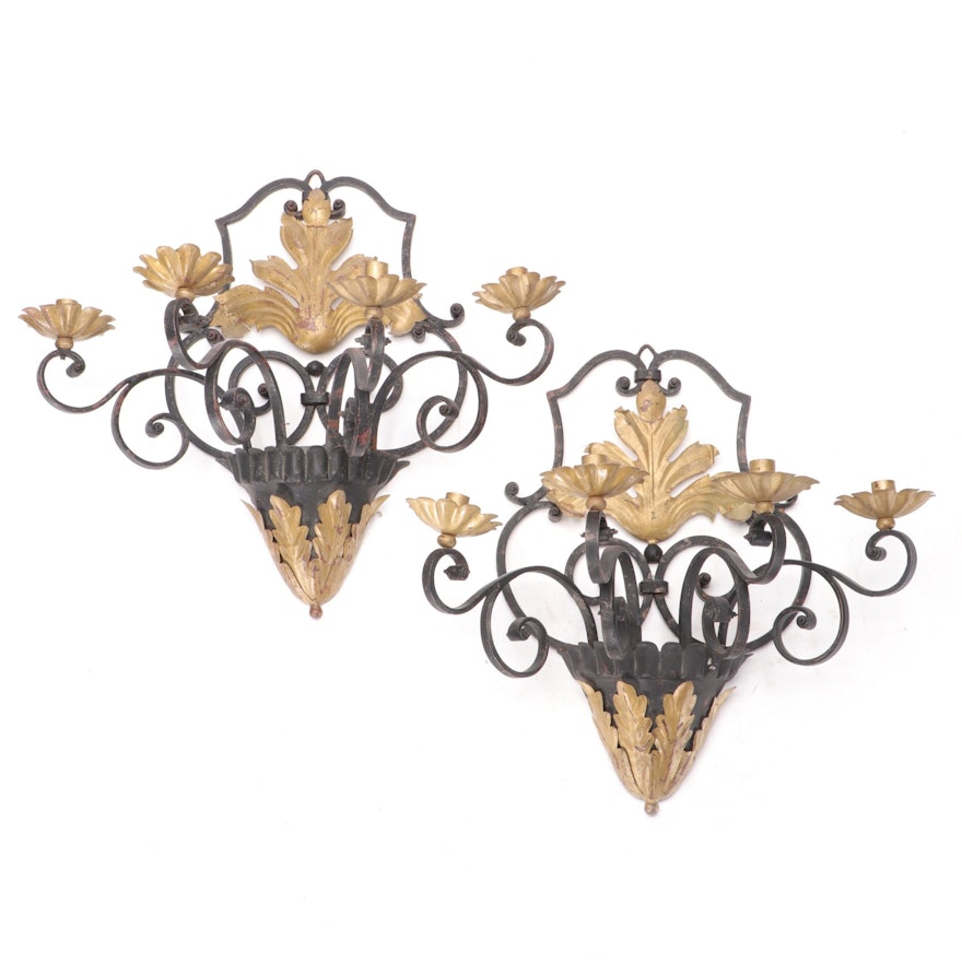Pair of Wrought Iron Gilt Painted Scroll and Foliate Motif Candle Sconces