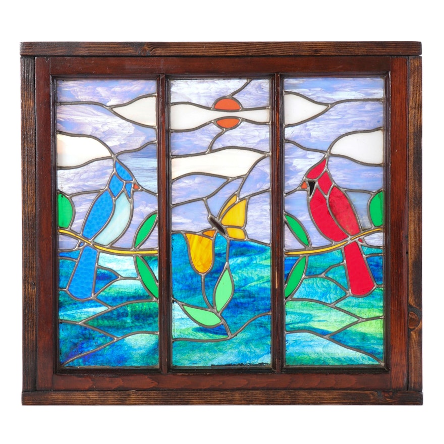 Pine-Encased Leaded and Stained Glass Panel
