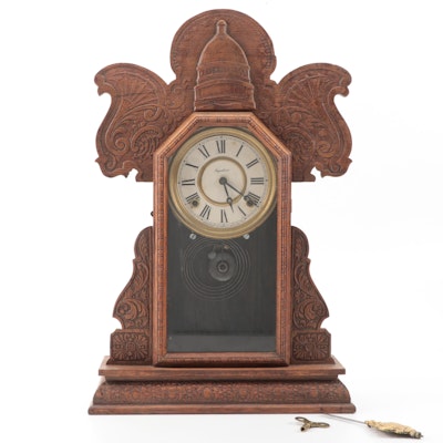 Ingraham Oak Cased Gingerbread Mantel Clock with U.S. Capitol Building Pediment