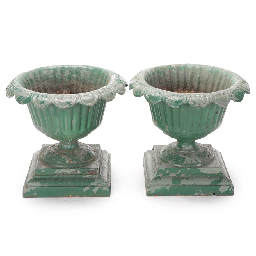 Pair of Neoclassical Style Painted Cast Iron Urn Planters