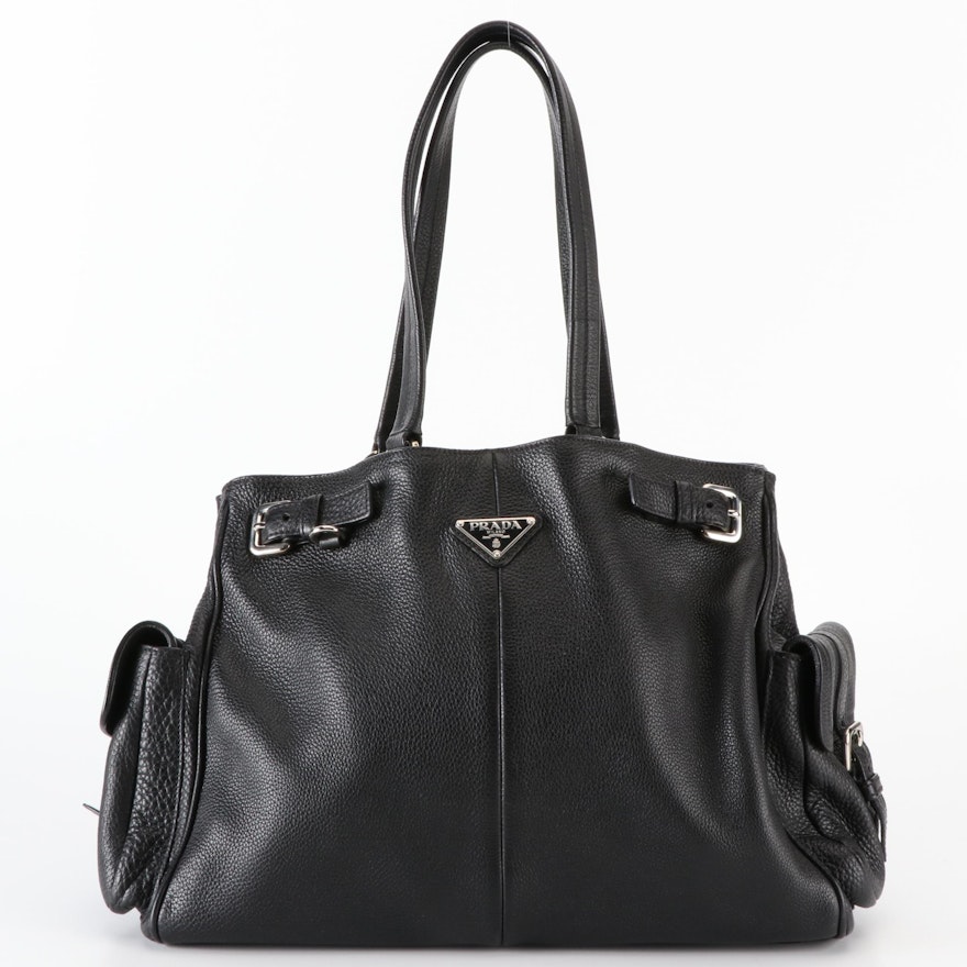 Prada Twin Pocket Medium Shoulder Bag in Black Deerskin Leather