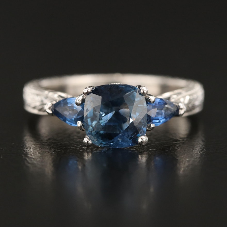 Varna Platinum Sapphire Ring with Engraved Design