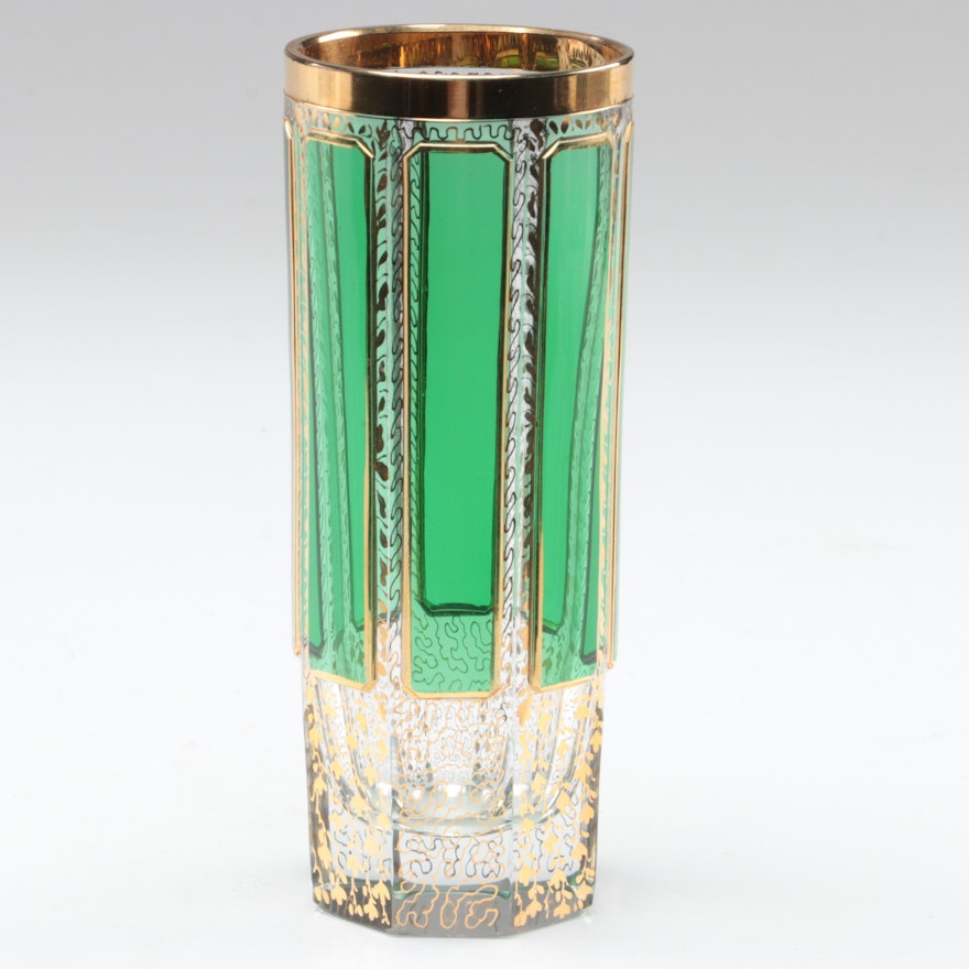 Moser Style Green Paneled Glass Vase, 20th Century