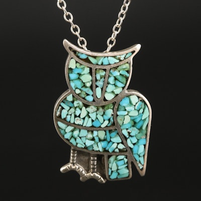 Sterling Turquoise Owl Converter Pendant Necklace