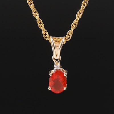 14K Fire Opal and Diamond Pendant on Gold-Filled Necklace