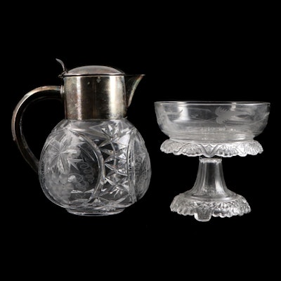 Etched Glass and Silver Plate Water Pitcher with Etched Compote